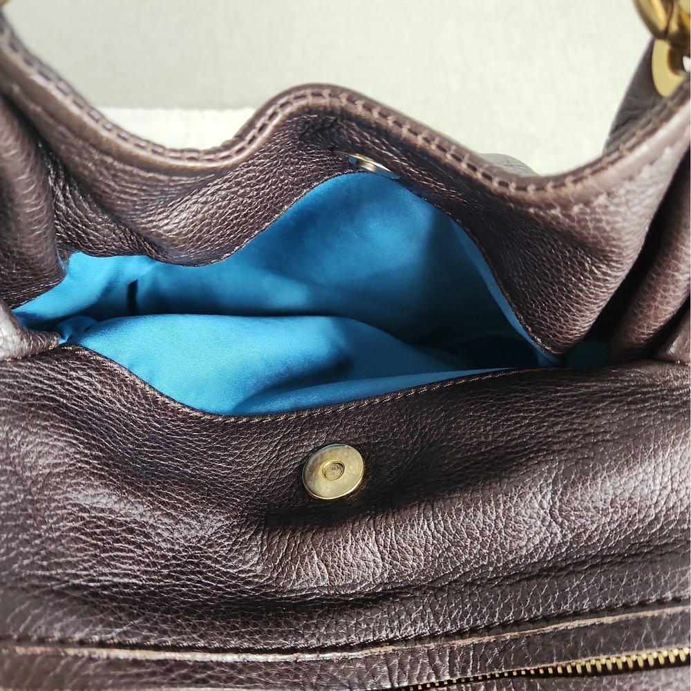 Vintage MOSCHINO Large Brown Pebbled Leather Dual Handle Bag Teal Lining 18" Y2K - Picture 7 of 12